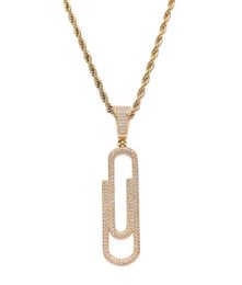 Pendant Necklaces Hip Hop Prong Setting CZ Stone Bling Out Solid Pin Paper Clip Pendants Necklace For Men Rapper Jewelry Gold Silv2052879