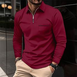 Elegant Men Office Commuter Polo Shirt Autumn Winter Long Sleeve Bust Patchwork Pocket Solid Color Tops Male Casual Sports Tees
