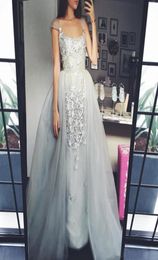 2019 Elegant Grey Long Maxi Dress Overskirt Prom Dresses Sexy Lace Appliques Evening Gowns ALine Formal Party Gown2752366