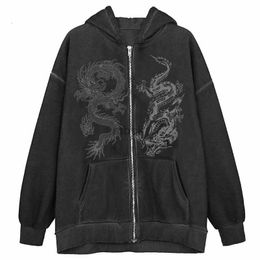 Mens Hoodies China dragon Y2K Hoodies Women Long Sleeve Sweatshirt female street top Zip up Loose Oversized fairy Grunge sports clothes ins 240412