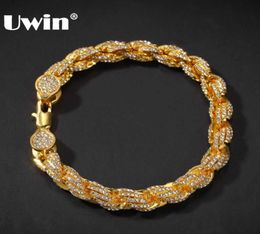 UWIN Hiphop Wome Mens Fashion Rope Chain Bracelet Bling Rhinestones 9mm Gold Color Iced Out Jewelry Bracelets 2106092511267