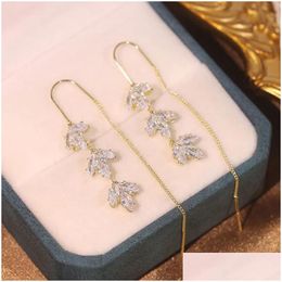 Dangle Chandelier Maple Leaf Zircon Tassel Long 14K Yellow Gold Earrings For Women 2024 New Personality Fashion Jewellery Birthday Gift Dh7Vc