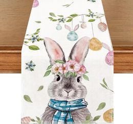 Happy Easter Bunny Linen Table Runner Spring Flowers Bunny Egg Easter Decor Farmhouse Kitchen Dining Table Holiday Party Decor