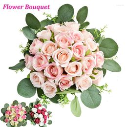 Decorative Flowers Wedding Bouquets 24pcs Rose & 10 Eucalyptus Leaves Artificial Bride Holding For Decoration Party Decor