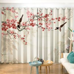 2PCS New Chinese Flower and Bird Print Semi-blackout Curtain Custom Hook Grommet Top Model Living Room Bedroom Window Curtain