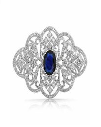 2 Inch Vintage Look Clear Rhinestone Crystal Diamante Wedding Jewellery Brooch With Blue Stone8034432