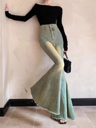 Women's Jeans Girl Retro Style Double Button High Waist Slim Fit Autumn Versatile Flare Wide Leg Ragged Female Clothes