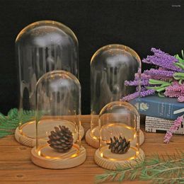 Vases Glass Display Box With LED Light Wooden Decorative Clear Cloche Base For DIY Plants Home Decor Doll Collection Modle