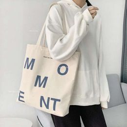 Drawstring Women Canvas Shoulder Shopper Bag MOMENT Letter Printing Large Korean Cotton Cloth Ladies Handbag Eco Reusable Shopping