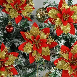 Decorative Flowers 5pcs 14cm Glitter Artificial Christmas Poinsettia Xmas Tree Ornaments Decoration For Home Year Fake Flower