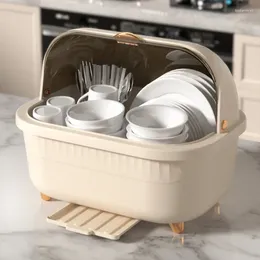 Kitchen Storage Dish Rack Organizer Flip Top Cupboard Tableware Box Bowl Plate Draining Holder Plastic Drying