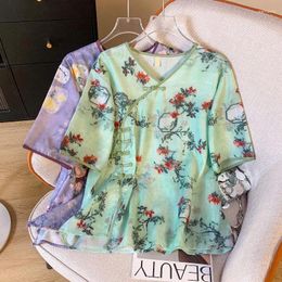 Women's Blouses Vintage Shirts Summer Printed Chinese Style Loose Short Sleeve Clothing Cotton Linen Women Tops YCMYUNYAN
