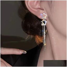 Dangle Chandelier 2024 New Star Long Tassel 14K White Gold Earrings Personality Fashion Shiny For Woman Jewelry Birthday Gifts Drop De Dhuh8