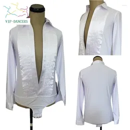 Stage Wear Men Latin Dance Competition Costume Black White Ballroom Dancing Top Longsleeve Shirt Performance Clothes