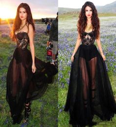 2019 Newest Black Applique Lace Prom Dresses Corset Fitted Chiffon See Through Evening Party Gowns Sexy Formal Abendkleider2216877
