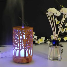Humidifiers 200ml Ultrasonic Air Humidifier Forest Aroma Oil Diffuser Hallow Wood Grain 7 Color LED Aromatherapy Humidificador