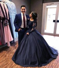 2018 New Fall Winter Navy Blue Long Sleeve Prom Dresses Lace Satin masquerade Ball Gown African Evening Formal Dress vestidos Plus3989118
