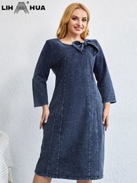 LIH HUA Womens Plus Size Denim Dress Autumn Chic Elegant Dresses For Chubby Women Cotton Knitted Bow Knot Dress 240407