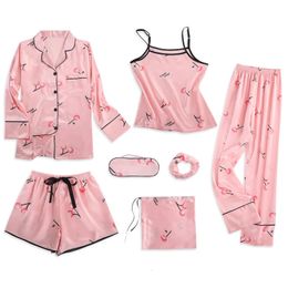 Strap Sleepwear Pyjamas Womens 7 Pieces Pink Pajamas Sets Satin Silk Lingerie Homewear Sleepwear Pyjamas Set Pijamas For Woman 240409