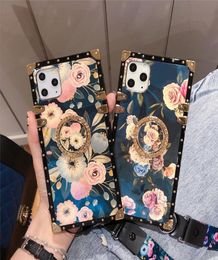 Square Bling Diamond Shiny Rose Flower Stand Case For iPhone 11 Pro Max X Xr Xs Max 7 8 6 6s Plus Luxury With Strap Cover Coque5988595