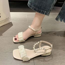 Dress Shoes Footwear One Word With Low Heels Block Heel White Sandals For Woman Summer 2024 Pearl Roman Style Medium Buckles Women's F