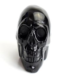 19 INCHES Natural Chakra Black Obsidian Carved Crystal Reiki Healing Realistic Human Skull Model Feng Shui Statue with a Velvet P8790080