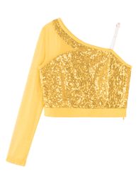 Kids Girl Sparkly Sequin Dance Top Mesh Jazz Dance Costume Long Sleeve One Shoulder Zipper Crop Top Stage Performance Dancewear