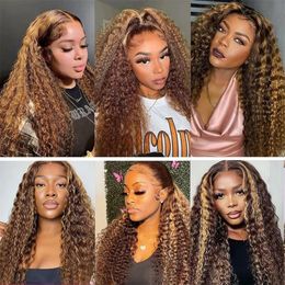 Kinky Curly Lace Wig Ombre Brown Highlight Synthetic Lace Front Wig 13x4 Lace Frontal Wig Honey Blonde Deep Wave Pre Plucked Wig