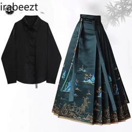 Work Dresses Chinese Suit Disc Button Shirt Han Elements Horse Skirt Autumn And Winter Hanfu Mujer Acient Style Dress