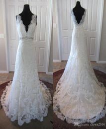 Lace V Neck Beaded Wedding Dress Appliques Backless Crystal Sash Aline Real Picture High Quality Bridal Gowns6584234