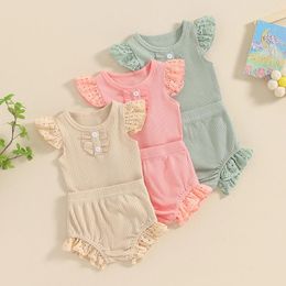 Clothing Sets Toddler Infant Baby Girl Summer Outfits Solid Colour Eyelet Sleeve Ribbed Rompers Elastic Waist Shorts 2Pcs Clothes Set