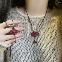 Pendant Necklaces Natural Cinnabar Good Luck Lotus Safe Lock Braided Rope Necklace Female Retro Niche Sweater Chain