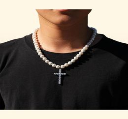 8MM 10MM Simple Cross Pearl Necklace For Men Hop Hop Women Trendy Rapper Chians Necklaces Pendant Accessories Unisex Jewelry240q5349922