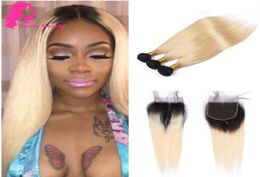 1b 613 Blonde straight Hair Bundles With 4x4 Closure Dark Root black Stright Virgin Brazilian Human Hairs Weaves bundels5080264