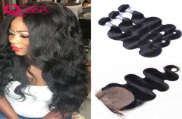 Body Wave Unprocessed 100% India Human Hair Extensions 3 Bundles With Silk Base Lace Closure Natural Hairline1912397