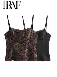 TRAF GAL Summer Sexy Women Animal Print Tanks Lace Patchwork Satin Camis Backless Sleeveless Bow Y2K Slim Female Crop Top 240327