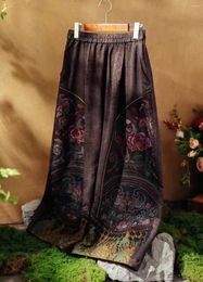 Women's Pants Luxury Jacquard Harem Dark Brown Silk Embroidery Wide Leg Loose Casual Elastic Waist Vintage