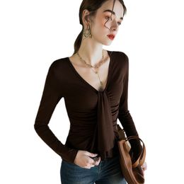 MadBlack Euromean Clothes V Neck T-Shirts Women Slim Modal Tops Long Sleeves Tight Tees Spring Autumn New 2024 T43128JM
