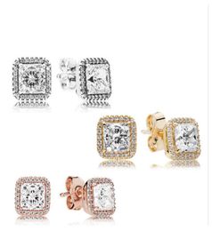 925 Sterling Silver Square Big CZ Diamond Earring Fit Jewellery Gold Rose Gold Plated Stud Earring Women Earrings271U36842628516300