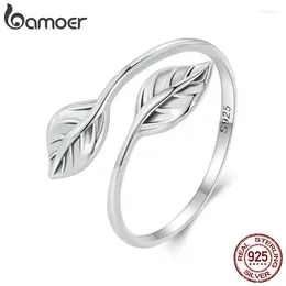 Cluster Rings Bamoer 925 Sterling Silver Leaf Opening Ring Retro Adjustable Finger For Women Birthday Gift Fine Jewellery GXR975-E