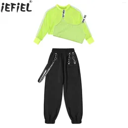 Clothing Sets Children Girls Hip-Hop Jazz Street Dance Costume Long Sleeve Mesh Crop Top With Vest Chain Pants Skateboarding Sports Outfit
