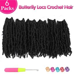 Forevery Synthetic Butterfly Locs Crochet Hair 12 Inch 6 Packs Pre-Looped Soft Distressed Faux Locs Braids for Black Women