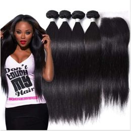 Brazilian Straight Human Hair Weaves Extensions 3 Bundles with Closure Free Middle 3 Part Double Weft Dyeable Bleachable 70g/pc