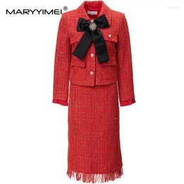 Work Dresses MARYYIMEI 2024 Fashion Designer Women's Turn-Down Collar Bright Silk Rhinestone Bow Tie Tweed Jacket Tassel Skirt 2pcs Set