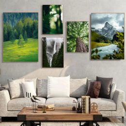 Green Pine Forest Waterfall Misty Mountains High Quality Photography Poster Canvas Paintings Wall Art Pictures Home Decor