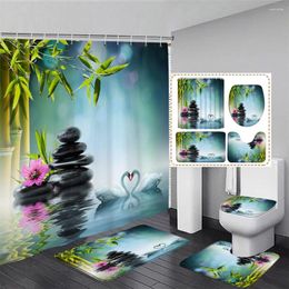 Shower Curtains Zen Spa Lotus Japanese Meditation Bamboo Basalt Candle Screen Non-Slip Bath Mat Bathroom Decor Set