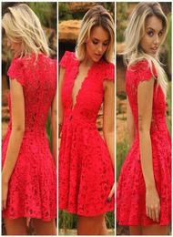 V Neck Red Sexy Short Evening Dresses Cap Sleeves Real Simple Special Occasion Cocktail Lace Party Prom Dresses5708336