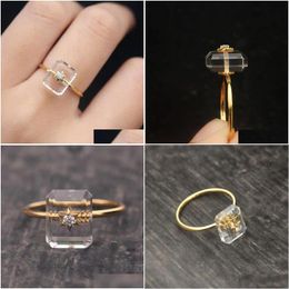 Solitaire Ring Original New Diamond-Studded Rectangar Unique Opening Adjustable 14K Yellow Gold Elegant High-End Retro Ladies Jewelry Dh4Vv