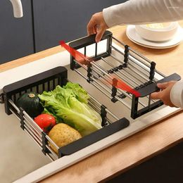 Kitchen Storage Adjustable Dish Drying Rack Sink Stainless Steel Fruit Vegetable Drainer Basket Drain Holder Retractable