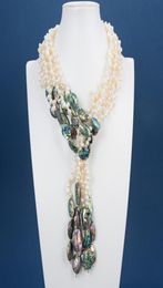GuaiGuai Jewellery 3 Strands Natural White Pearl Green Abalone Shell Necklace Handmade For Women8318625